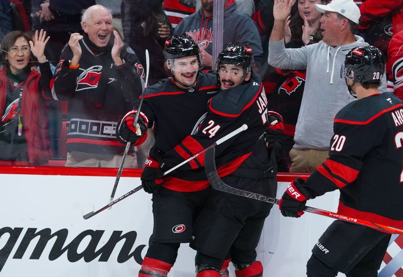 Nov 25, 2024; Raleigh, North Carolina, USA;  Carolina Hurricanes center Seth Jarvis (24) celebrates his goal with defenseman Dmitry Orlov (7) against the Dallas Stars during the first period at Lenovo Center. Mandatory Credit: James Guillory-Imagn Images