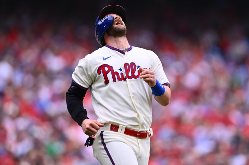 May 7, 2023; Philadelphia, Pennsylvania, USA; Philadelphia Phillies designated hitter Bryce Harper (3) reacts after lining out against the Boston Red Sox in the eighth inning at Citizens Bank Park. Mandatory Credit: Kyle Ross-USA TODAY Sports