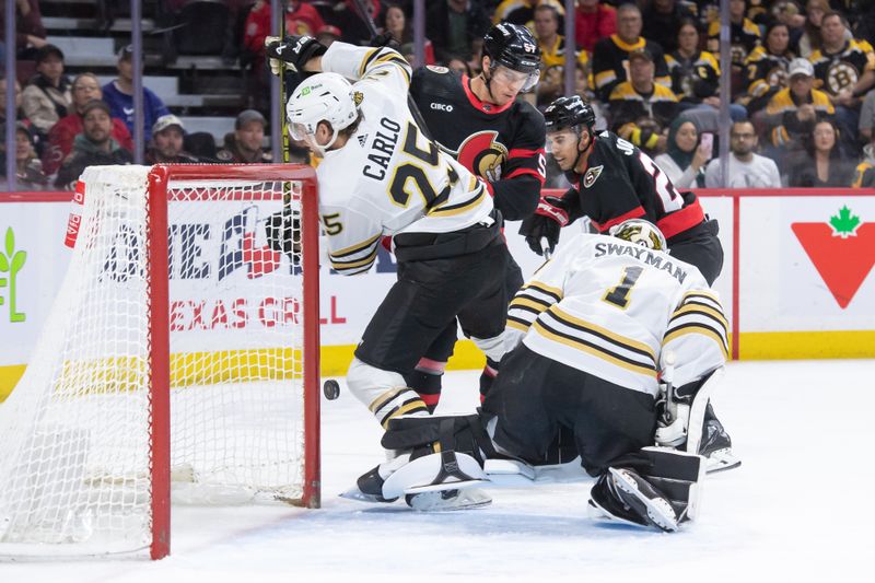 Jan 25, 2024; Ottawa, Ontario, CAN; Boston Bruins goalie Jeremy Swayman (1) makes a save while defenseman Brandon Carlo defends against Ottawa Senators center Shane Pinto (57) in the first period at the Canadian Tire Centre. Mandatory Credit: Marc DesRosiers-USA TODAY Sports