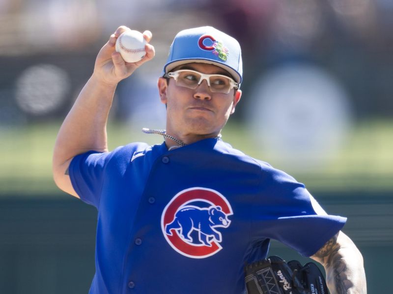 Mar 13, 2026; Phoenix, Arizona, USA; Chicago Cubs pitcher Ethan Roberts against the Chicago White Sox during a spring training game at Camelback Ranch-Glendale. Mandatory Credit: Mark J. Rebilas-Imagn Images