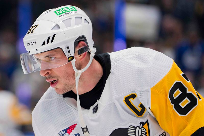 Feb 27, 2024; Vancouver, British Columbia, CAN; Pittsburgh Penguins forward Sidney Crosby (87) skates during warm up prior to a game against the Vancouver Canucks at Rogers Arena. Mandatory Credit: Bob Frid-USA TODAY Sports