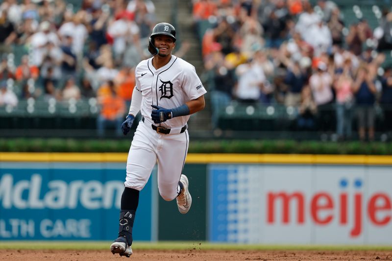 Apr 28, 2024; Detroit, Michigan, USA;  Detroit Tigers right fielder Wenceel Perez (46) runs the bases after he hits a two run home run in the first inning against the Kansas City Royals at Comerica Park. Mandatory Credit: Rick Osentoski-USA TODAY Sports