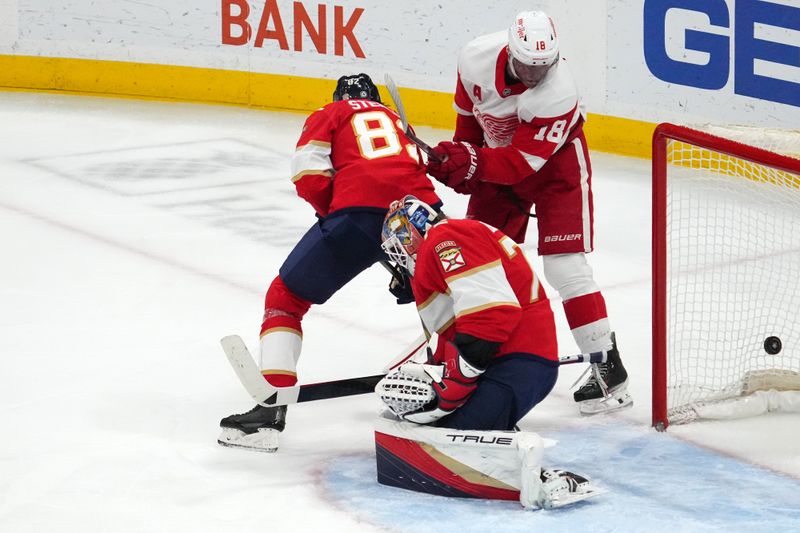 Jan 17, 2024; Sunrise, Florida, USA; Florida Panthers goaltender Sergei Bobrovsky (72) allows a goal scored by Detroit Red Wings center Robby Fabbri (not pictured) during the third period at Amerant Bank Arena. Mandatory Credit: Jasen Vinlove-USA TODAY Sports