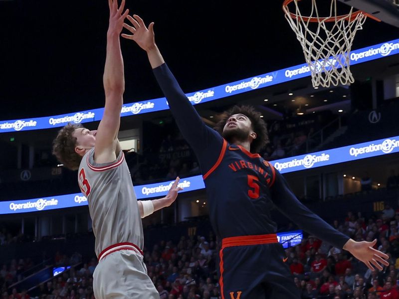 Feb 14, 2026; Nashville, Tennessee, USA;  Ohio State Buckeyes center Christoph Tilly (13) shoots over Virginia Cavaliers guard Sam Lewis (5) during the first half at Bridgestone Arena. Mandatory Credit: Steve Roberts-Imagn Images
