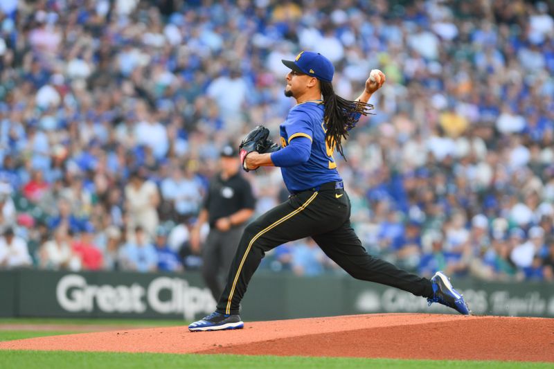 Jul 5, 2024; Seattle, Washington, USA; Seattle Mariners starting pitcher Luis Castillo (58) pitches to the Toronto Blue Jays during the first inning at T-Mobile Park. Mandatory Credit: Steven Bisig-USA TODAY Sports