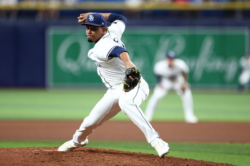 Sep 19, 2024; St. Petersburg, Florida, USA; Tampa Bay Rays pitcher Edwin Uceta (63) throws a pitch against the Boston Red Sox in the eighth inning at Tropicana Field. Mandatory Credit: Nathan Ray Seebeck-Imagn Images