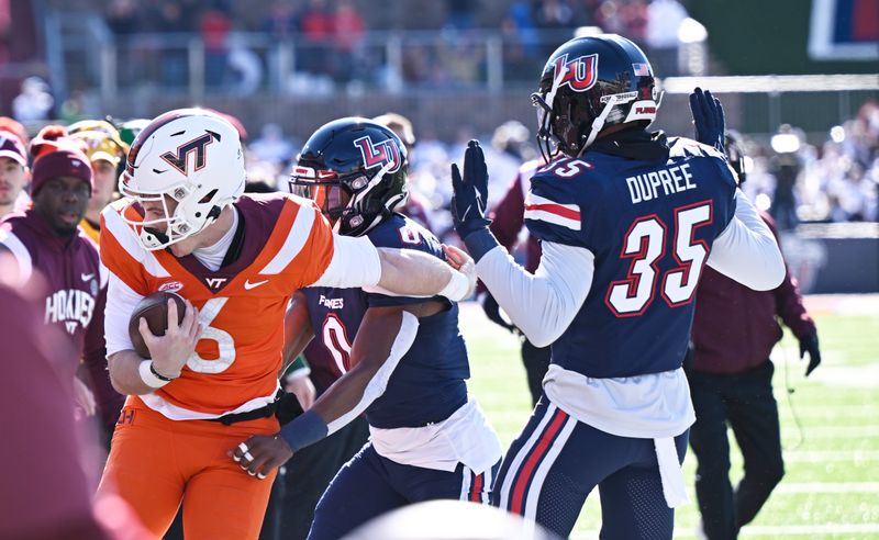 Nov 19, 2022; Lynchburg, Virginia, USA; Liberty Flames linebacker Jerome Jolly Jr. (0)  forces Virginia Tech Hokies quarterback Grant Wells (6) out of bounds in the first half at Williams Stadium. Mandatory Credit: Lee Luther Jr.-USA TODAY Sports