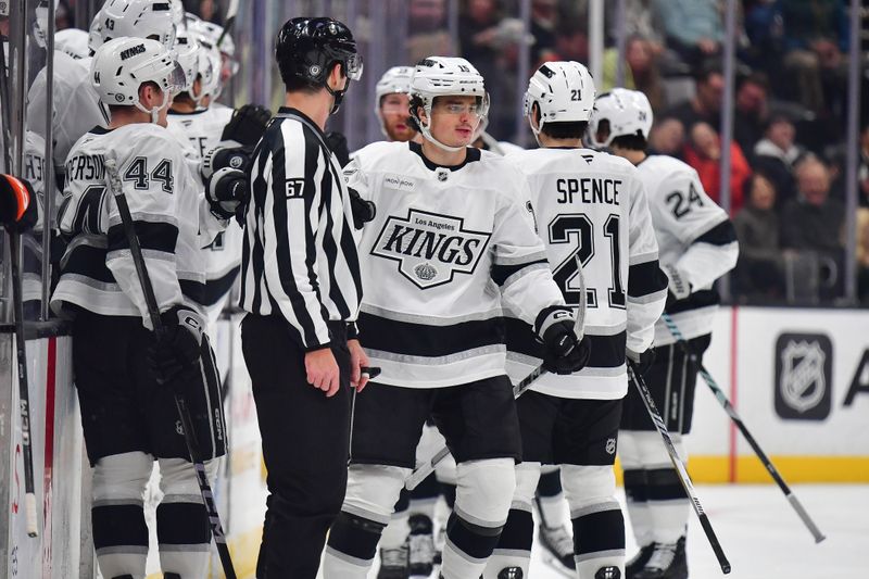 Nov 29, 2024; Anaheim, California, USA; Los Angeles Kings center Alex Turcotte (15) celebrates his goal scored against the Anaheim Ducks during the second period at Honda Center. Mandatory Credit: Gary A. Vasquez-Imagn Images