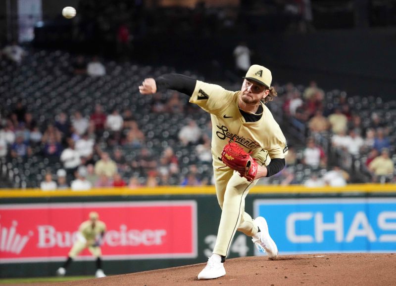 Jul 30, 2024; Phoenix, Arizona, USA; Arizona Diamondbacks pitcher Ryne Nelson (19) pitches against the Washington Nationals during the first inning at Chase Field. Mandatory Credit: Joe Camporeale-USA TODAY Sports