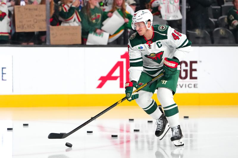 Dec 29, 2025; Las Vegas, Nevada, USA; Minnesota Wild defenseman Jared Spurgeon (46) warms up before a game against the Vegas Golden Knights at T-Mobile Arena. Mandatory Credit: Stephen R. Sylvanie-Imagn Images