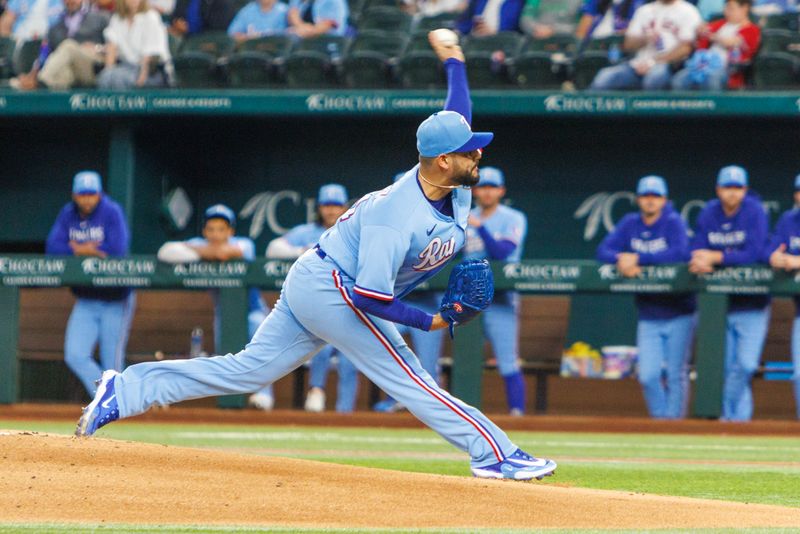 Apr 2, 2023; Arlington, Texas, USA; Texas Rangers starting pitcher Martin Perez (54) throws during the first inning against the Philadelphia Phillies at Globe Life Field. Mandatory Credit: Andrew Dieb-USA TODAY Sports