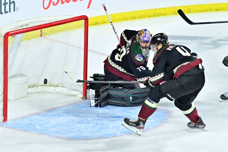 Mar 27, 2023; Tempe, Arizona, USA;  Arizona Coyotes goaltender Karel Vejmelka (70) and defenseman Juuso Valimaki (4) watch a puck go wide of the goal in the first period against the Edmonton Oilers at Mullett Arena. Mandatory Credit: Matt Kartozian-USA TODAY Sports