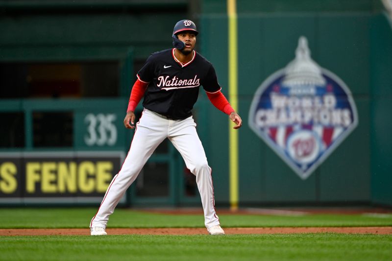 May 22, 2025; Washington, District of Columbia, USA; Washington Nationals outfielder James Wood (29) on base against the Atlanta Braves during the first inning at Nationals Park. Mandatory Credit: Brad Mills-Imagn Images