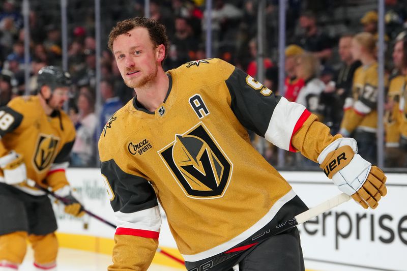 Jan 15, 2026; Las Vegas, Nevada, USA; Vegas Golden Knights center Jack Eichel (9) warms up before a game against the Toronto Maple Leafs at T-Mobile Arena. Mandatory Credit: Stephen R. Sylvanie-Imagn Images