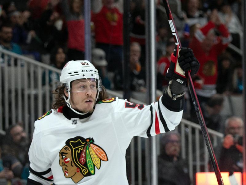 Oct 31, 2024; San Jose, California, USA; Chicago Blackhawks left winger Tyler Bertuzzi (59) celebrates his goal against the San Jose Sharks during the first period at SAP Center at San Jose. Mandatory Credit: D. Ross Cameron-Imagn Images