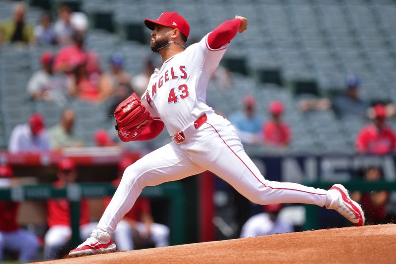 May 1, 2024; Anaheim, California, USA; Los Angeles Angels pitcher Patrick Sandoval (43) throws against the Philadelphia Phillies during the first inning at Angel Stadium. Mandatory Credit: Gary A. Vasquez-USA TODAY Sports