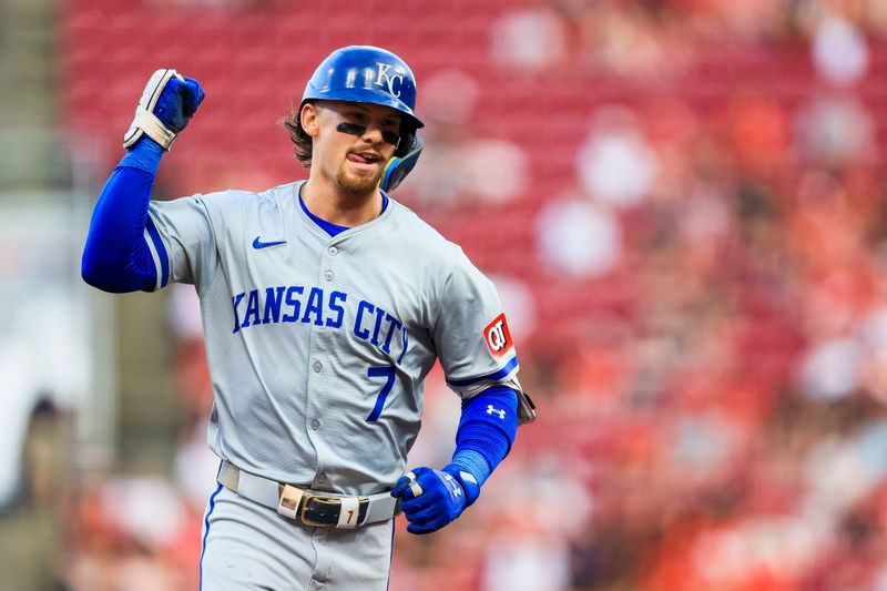 Aug 16, 2024; Cincinnati, Ohio, USA; Kansas City Royals shortstop Bobby Witt Jr. (7) runs the bases after hitting a solo home run in the fourth inning against the Cincinnati Reds at Great American Ball Park. Mandatory Credit: Katie Stratman-USA TODAY Sports