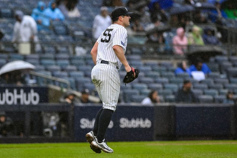 Sep 24, 2023; Bronx, New York, USA; New York Yankees starting pitcher Carlos Rodon (55) reacts to a single hit by Arizona Diamondbacks first baseman Christian Walker (not pictured) during the seventh inning at Yankee Stadium. Mandatory Credit: John Jones-USA TODAY Sports
