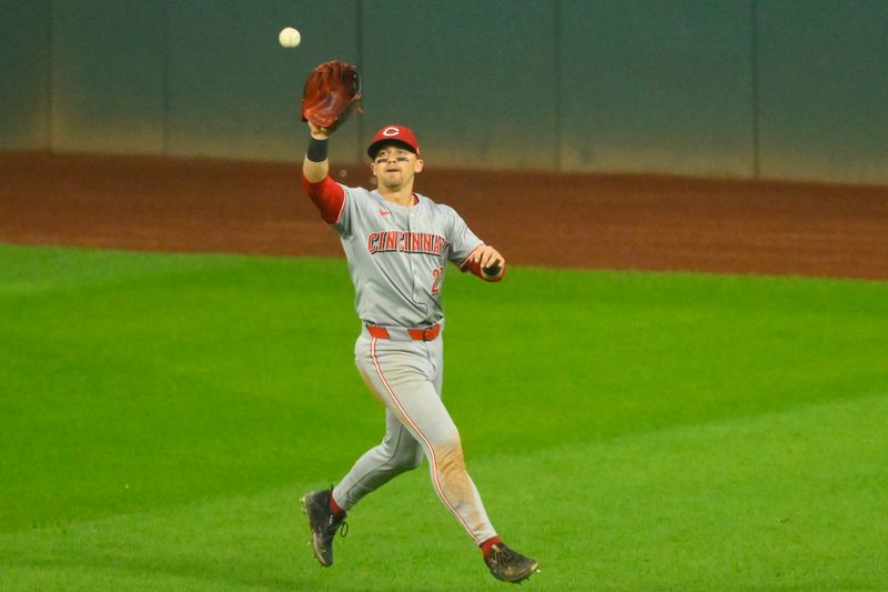 Sep 24, 2024; Cleveland, Ohio, USA; Cincinnati Reds center fielder TJ Friedl (29) makes a catch in the seventh inning against the Cleveland Guardians at Progressive Field. Mandatory Credit: David Richard-Imagn Images