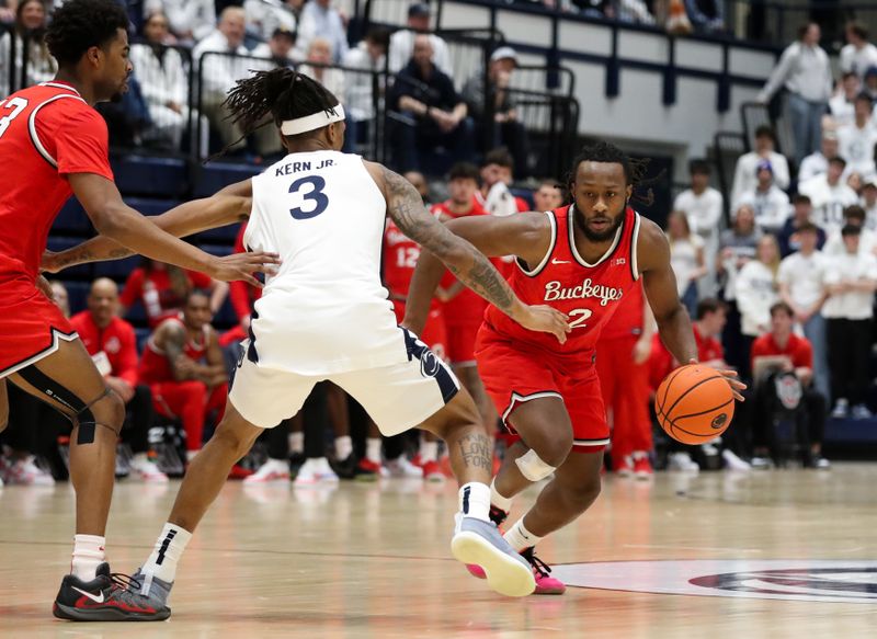 Jan 30, 2025; University Park, Pennsylvania, USA; Ohio State Buckeyes guard Bruce Thornton (2) dribbles the ball up the court as Penn State Nittany Lions guard Nick Kern Jr (3) defends during the first half at Rec Hall. Ohio State defeated Penn State 83-64. Mandatory Credit: Matthew O'Haren-Imagn Images
