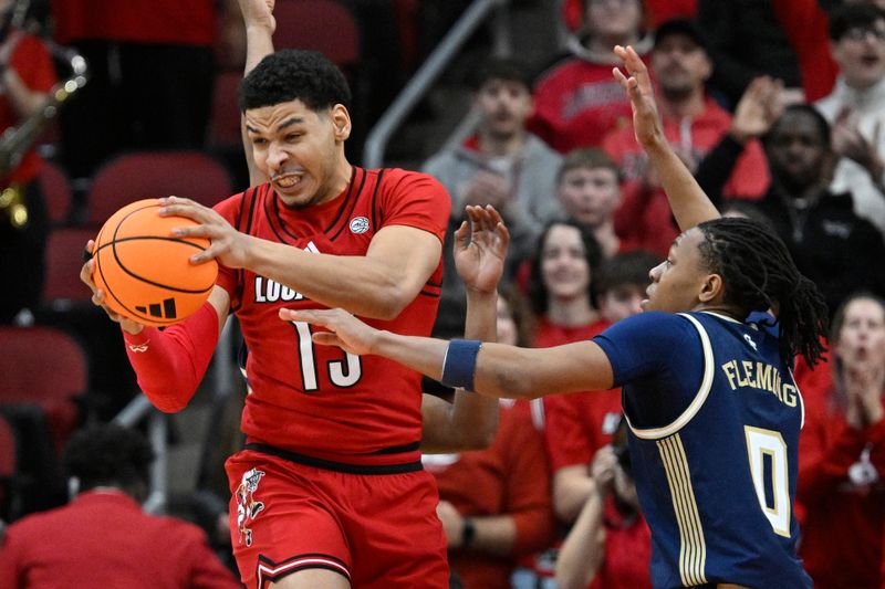Feb 21, 2026; Louisville, Kentucky, USA;  Louisville Cardinals forward Sananda Fru (13) battles Georgia Tech Yellow Jackets guard Akai Fleming (0) for a rebound during the first half at KFC Yum! Center. Louisville defeated Georgia Tech 87-70. Mandatory Credit: Jamie Rhodes-Imagn Images