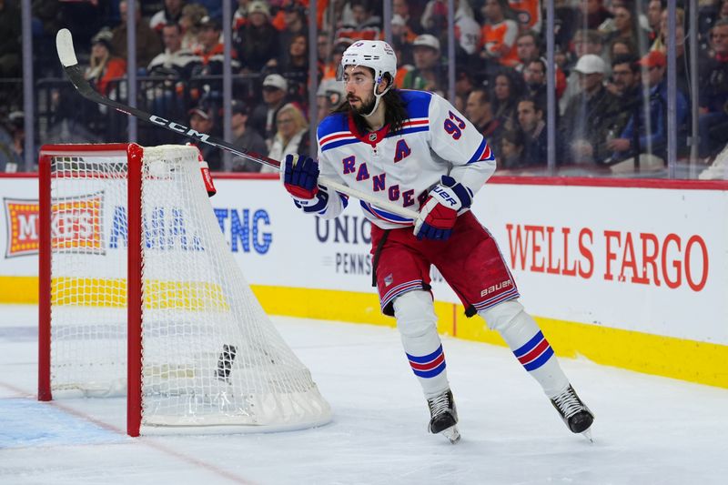 Nov 29, 2024; Philadelphia, Pennsylvania, USA; New York Rangers center Mika Zibanejad (93) in action against the Philadelphia Flyers in the second period at Wells Fargo Center. Mandatory Credit: Kyle Ross-Imagn Images