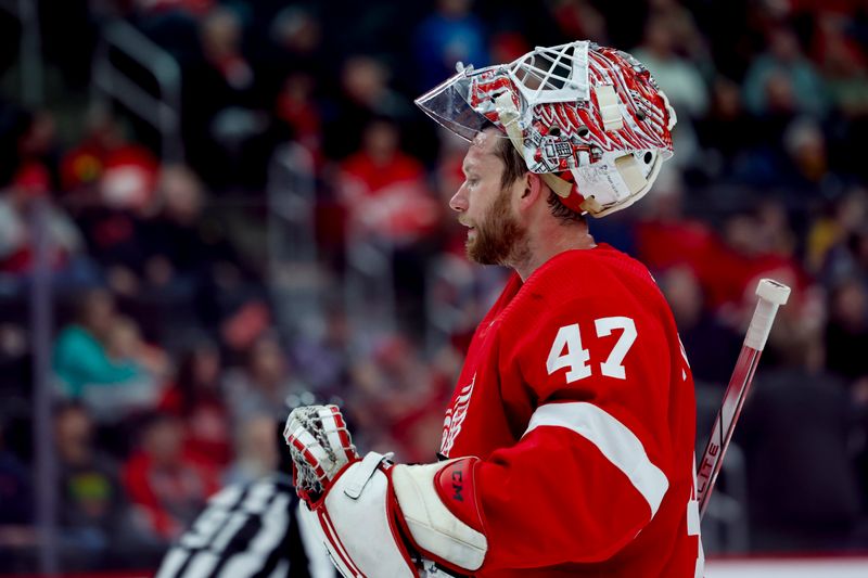 Mar 16, 2024; Detroit, Michigan, USA;  Detroit Red Wings goaltender James Reimer (47) looks on during a time out in the third period against the Buffalo Sabres at Little Caesars Arena. Mandatory Credit: Rick Osentoski-USA TODAY Sports