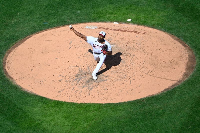 Sep 20, 2023; Washington, District of Columbia, USA; Washington Nationals starting pitcher Josiah Gray (40) throws to the Chicago White Sox during the fifth inning at Nationals Park. Mandatory Credit: Brad Mills-USA TODAY Sports