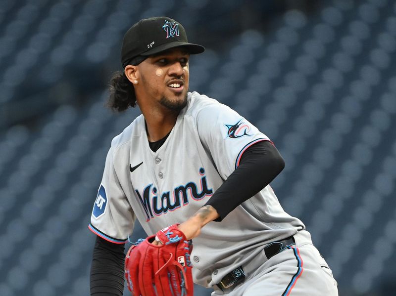 Jun 9, 2025; Pittsburgh, Pennsylvania, USA;  Miami Marlins starting pitcher Eury Perez (39) throws a pitch against the Miami Marlins during the first inning at PNC Park. Mandatory Credit: Philip G. Pavely-Imagn Images
