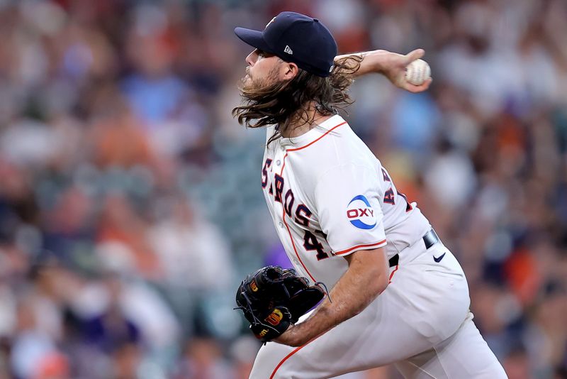 Jun 26, 2024; Houston, Texas, USA; Houston Astros starting pitcher Spencer Arrighetti (41) delivers against the Colorado Rockies during the seventh inning at Minute Maid Park. Mandatory Credit: Erik Williams-USA TODAY Sports