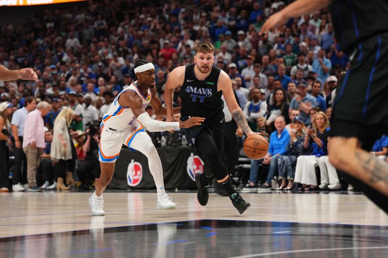 DALLAS, TX - MAY 18: Luka Doncic #77 of the Dallas Mavericks drives to the basket during the game against the Oklahoma City Thunder during Round 2 Game 6 of the 2024 NBA Playoffs on May 18, 2024 at the American Airlines Center in Dallas, Texas. NOTE TO USER: User expressly acknowledges and agrees that, by downloading and or using this photograph, User is consenting to the terms and conditions of the Getty Images License Agreement. Mandatory Copyright Notice: Copyright 2024 NBAE (Photo by Cooper Neill/NBAE via Getty Images)