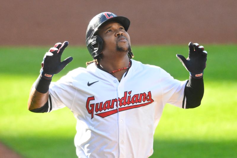 May 18, 2024; Cleveland, Ohio, USA; Cleveland Guardians third baseman Jose Ramirez (11) celebrates his two-run home run in the first inning against the Minnesota Twins at Progressive Field. Mandatory Credit: David Richard-USA TODAY Sports