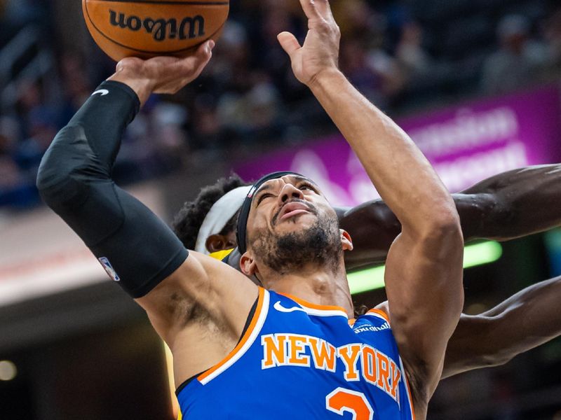 INDIANAPOLIS, INDIANA - NOVEMBER 10: Josh Hart #3 of the New York Knicks shoots the ball during the first half against the Indiana Pacers at Gainbridge Fieldhouse on November 10, 2024 in Indianapolis, Indiana. NOTE TO USER: User expressly acknowledges and agrees that, by downloading and or using this photograph, User is consenting to the terms and conditions of the Getty Images License Agreement. (Photo by Michael Hickey/Getty Images)