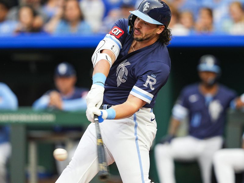 May 30, 2025; Kansas City, Missouri, USA; Kansas City Royals first baseman Vinnie Pasquantino (9) hits a single during the first inning against the Detroit Tigers at Kauffman Stadium. Mandatory Credit: Jay Biggerstaff-Imagn Images
