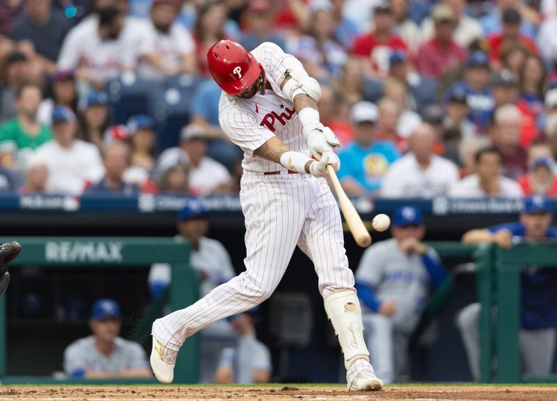 Aug 4, 2023; Philadelphia, Pennsylvania, USA; Philadelphia Phillies right fielder Nick Castellanos (8) hits a two RBI home run during the first inning against the Kansas City Royals at Citizens Bank Park. Mandatory Credit: Bill Streicher-USA TODAY Sports