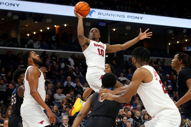 Jan 26, 2023; Memphis, Tennessee, USA; Southern Methodist Mustangs guard Zach Nutall (10) shoots during the second half against the Memphis Tigers at FedExForum. Mandatory Credit: Petre Thomas-USA TODAY Sports