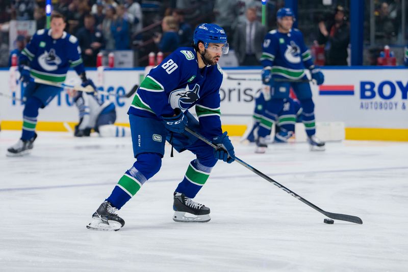 Feb 17, 2024; Vancouver, British Columbia, CAN; Vancouver Canucks forward Arshdeep Bains (80) handles the puck during warm up prior to a game against the Winnipeg Jets at Rogers Arena. Mandatory Credit: Bob Frid-USA TODAY Sports