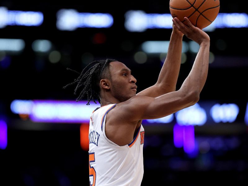 NEW YORK, NEW YORK - APRIL 09:  Immanuel Quickley #5 of the New York Knicks takes a three point shot in the second half against the Indiana Pacers at Madison Square Garden on April 09, 2023 in New York City. NOTE TO USER: User expressly acknowledges and agrees that, by downloading and or using this photograph, User is consenting to the terms and conditions of the Getty Images License Agreement. (Photo by Elsa/Getty Images)