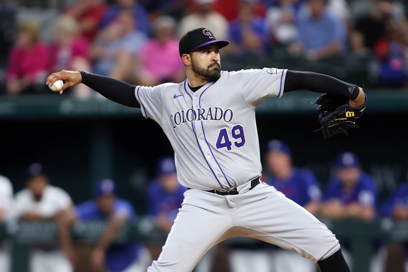 May 14, 2025; Arlington, Texas, USA; Colorado Rockies pitcher Antonio Senzatela (49) throws a pitch during the first inning against the Texas Rangers at Globe Life Field. Mandatory Credit: Tim Heitman-Imagn Images