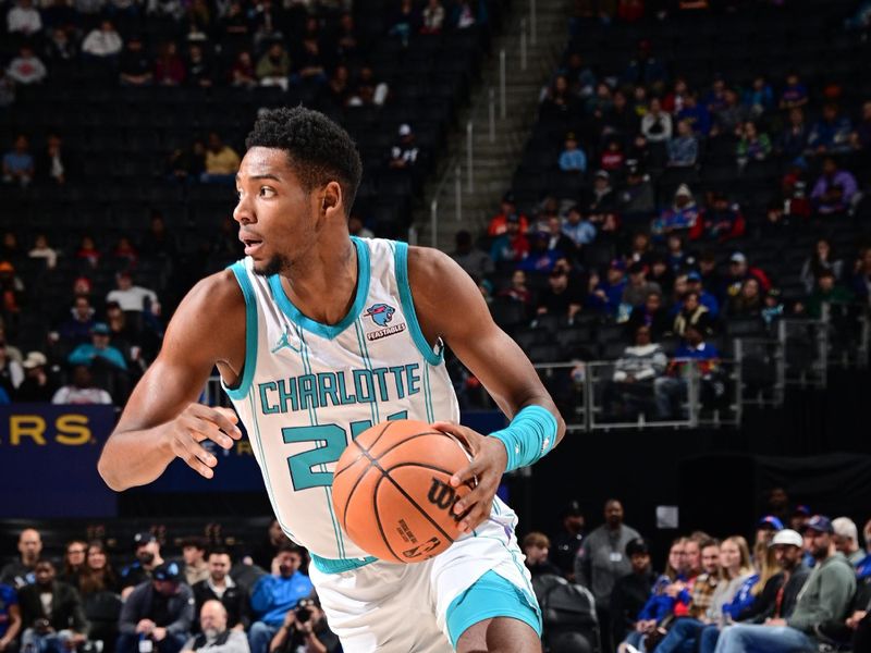 DETROIT, MI - JANUARY 24: Brandon Miller #24 of the Charlotte Hornets handles the ball during the game against the Detroit Pistons on January 24, 2024 at Little Caesars Arena in Detroit, Michigan. NOTE TO USER: User expressly acknowledges and agrees that, by downloading and/or using this photograph, User is consenting to the terms and conditions of the Getty Images License Agreement. Mandatory Copyright Notice: Copyright 2024 NBAE (Photo by Chris Schwegler/NBAE via Getty Images)