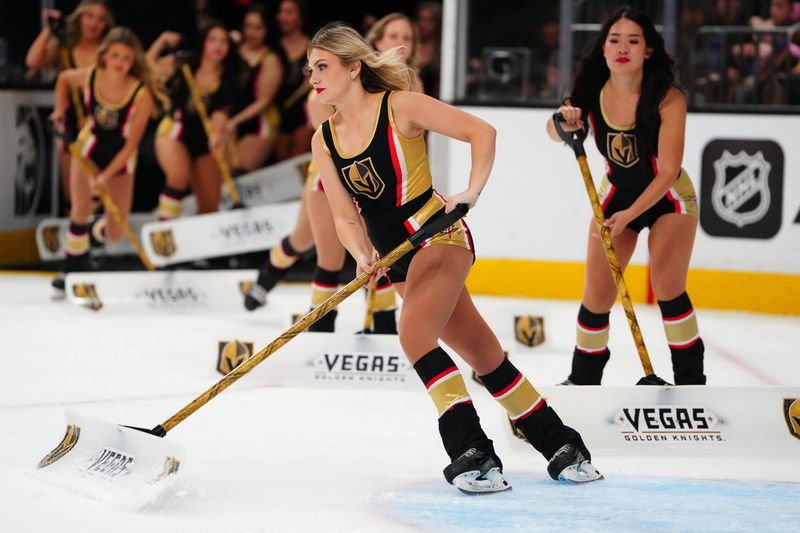 Nov 8, 2025; Las Vegas, Nevada, USA; The Knight's Guard ice crew works during a game between the Vegas Golden Knights and the Anaheim Ducks during the second period at T-Mobile Arena. Mandatory Credit: Stephen R. Sylvanie-Imagn Images