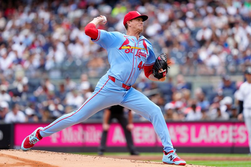 Aug 31, 2024; Bronx, New York, USA; St. Louis Cardinals pitcher Kyle Gibson (44) delivers a pitch against the New York Yankees during the first inning at Yankee Stadium. Mandatory Credit: Gregory Fisher-USA TODAY Sports