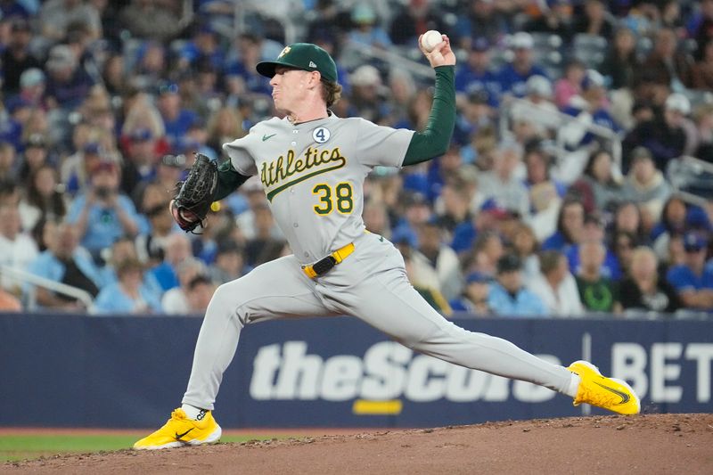 Jun 1, 2025; Toronto, Ontario, CAN; Oakland Athletics starting pitcher JP Sears (38) pitches to the Toronto Blue Jays during the second inning at Rogers Centre. Mandatory Credit: John E. Sokolowski-Imagn Images