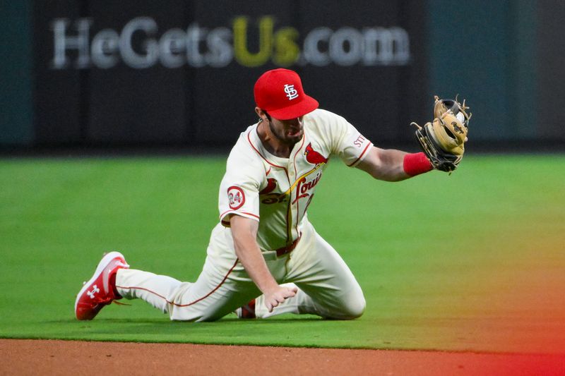 Sep 21, 2024; St. Louis, Missouri, USA;  St. Louis Cardinals second baseman Thomas Saggese (25) fields a ground ball against the Cleveland Guardians during the third inning at Busch Stadium. Mandatory Credit: Jeff Curry-Imagn Images