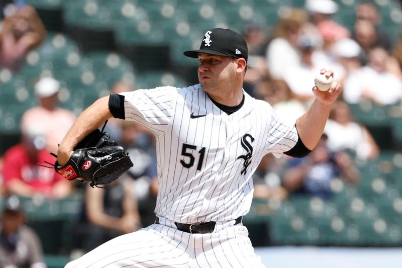 Jul 14, 2024; Chicago, Illinois, USA; Chicago White Sox starting pitcher Jared Shuster (51) delivers a pitch against the Pittsburgh Pirates during the first inning at Guaranteed Rate Field. Mandatory Credit: Kamil Krzaczynski-USA TODAY Sports
