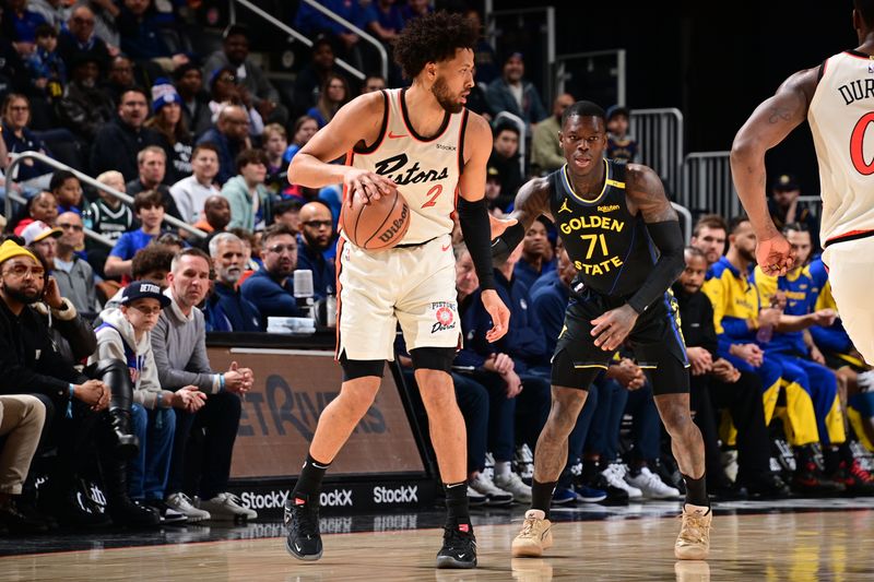 DETROIT, MI - JANUARY 9: Cade Cunningham #2 of the Detroit Pistons dribbles the ball during the game against the Golden State Warriors on January 9, 2025 at Little Caesars Arena in Detroit, Michigan. NOTE TO USER: User expressly acknowledges and agrees that, by downloading and/or using this photograph, User is consenting to the terms and conditions of the Getty Images License Agreement. Mandatory Copyright Notice: Copyright 2025 NBAE (Photo by Chris Schwegler/NBAE via Getty Images)