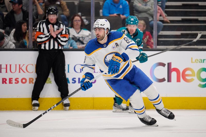 Jan 27, 2024; San Jose, California, USA; Buffalo Sabres right wing Alex Tuch (89) skates against  the San Jose Sharks during the third period at SAP Center at San Jose. Mandatory Credit: Robert Edwards-USA TODAY Sports