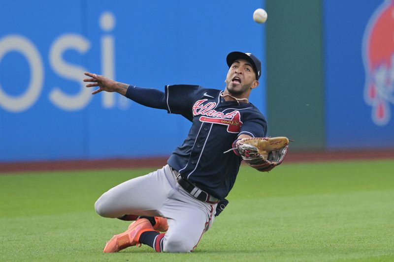 Jul 3, 2023; Cleveland, Ohio, USA; Atlanta Braves left fielder Eddie Rosario (8) catches a ball hit by Cleveland Guardians third baseman Jose Ramirez (not pictured) during the third inning at Progressive Field. Mandatory Credit: Ken Blaze-USA TODAY Sports