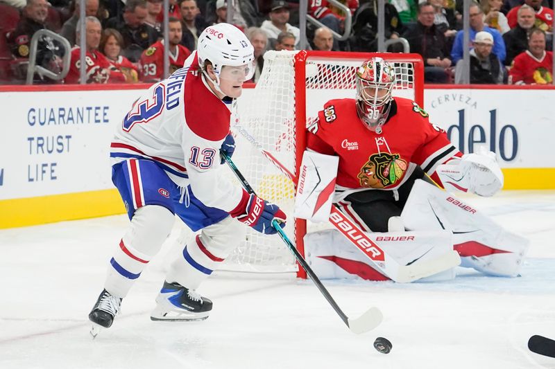 Oct 11, 2025; Chicago, Illinois, USA; Montréal Canadiens right wing Cole Caufield (13) skates towards Chicago Blackhawks goaltender Spencer Knight (30) during the second period at United Center. Mandatory Credit: David Banks-Imagn Images