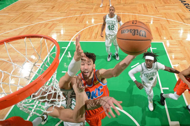 BOSTON, MA - APRIL 3: Chet Holmgren #7 of the Oklahoma City Thunder drives to the basket during the game against the Boston Celtics on April 3, 2024 at the TD Garden in Boston, Massachusetts. NOTE TO USER: User expressly acknowledges and agrees that, by downloading and or using this photograph, User is consenting to the terms and conditions of the Getty Images License Agreement. Mandatory Copyright Notice: Copyright 2024 NBAE  (Photo by Brian Babineau/NBAE via Getty Images)